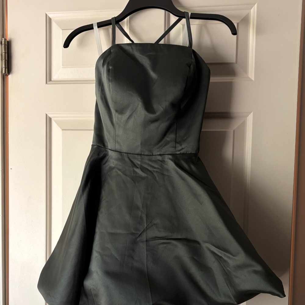 Elegant Grey/Green Lace Up Back Satin Dress